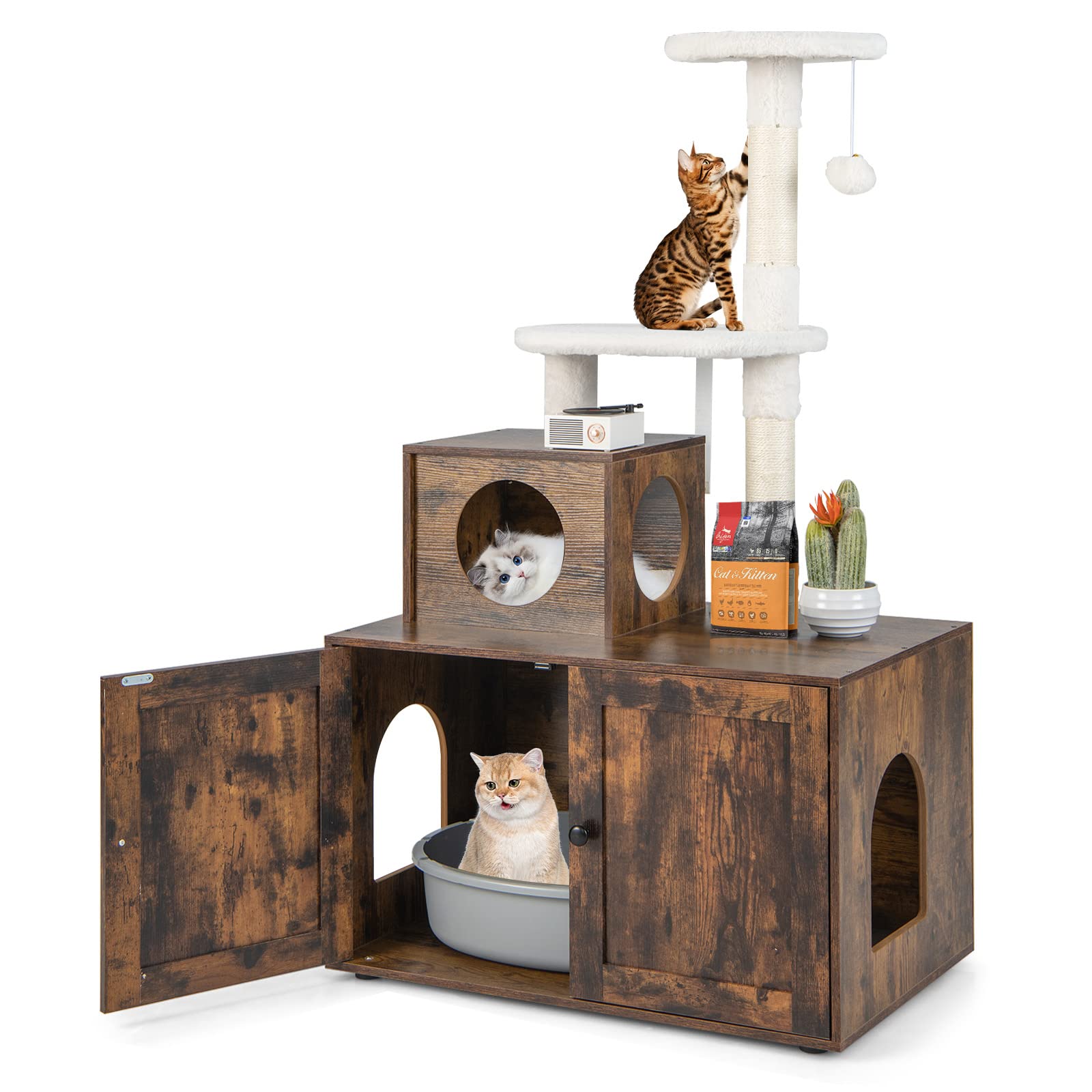 Meuble Cache-Litière Tangkula avec Arbre à Chat, Maison de Toilette Cachée 2-en-1 avec Niche pour Chat